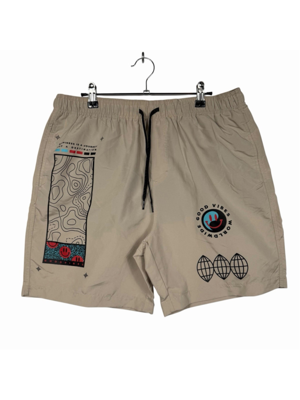 Brooklyn Cloth Drawstring Lined Volley Swim Shorts Tan Good Vibes Print Size L